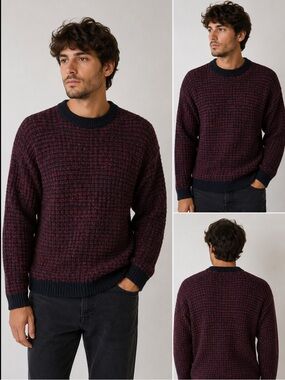 Street Closed Men’s Textured Knit Crewneck Sweater Burgundy Black Size S